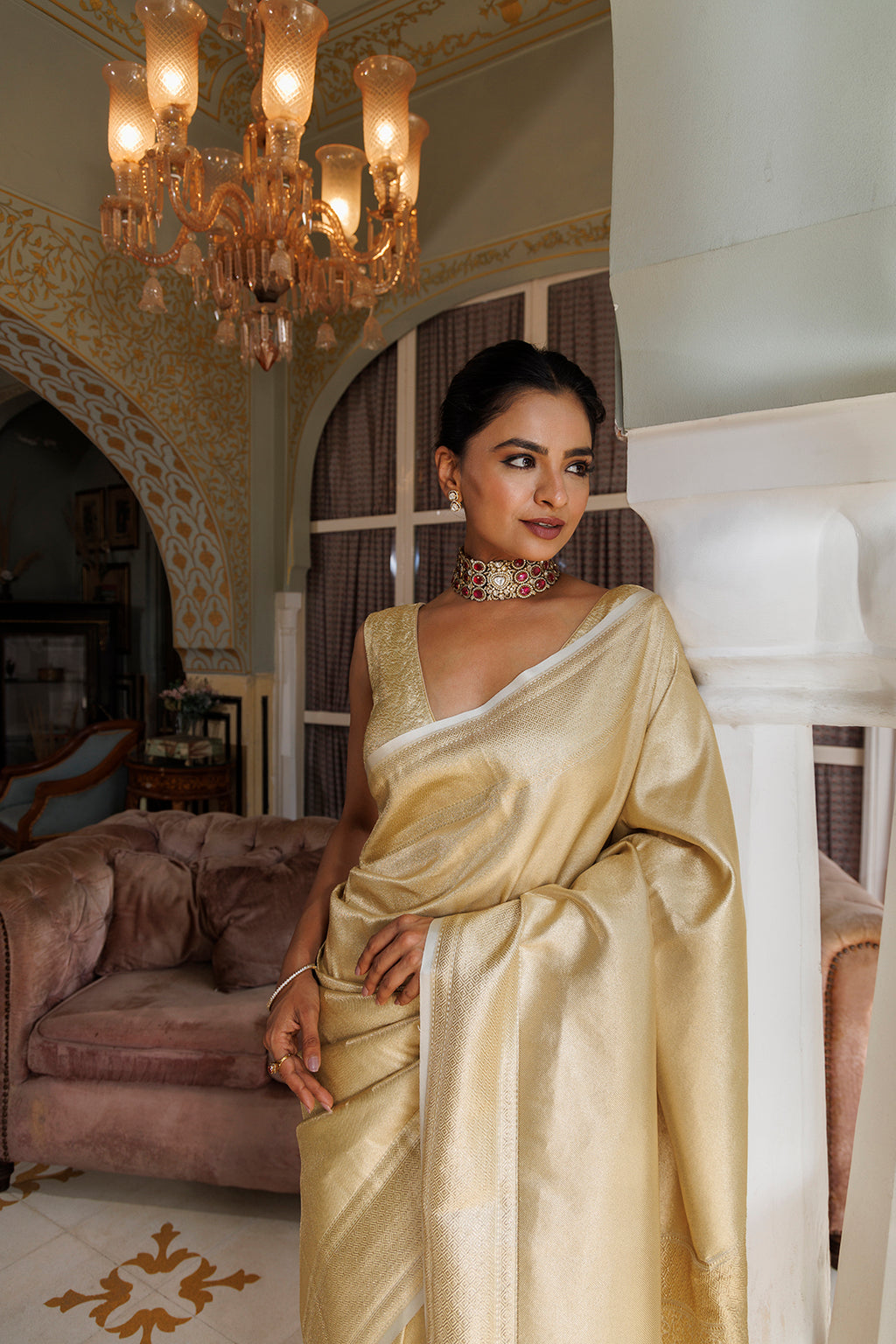 Pure Handwoven Golden Banarasi Silk Saree with Zari