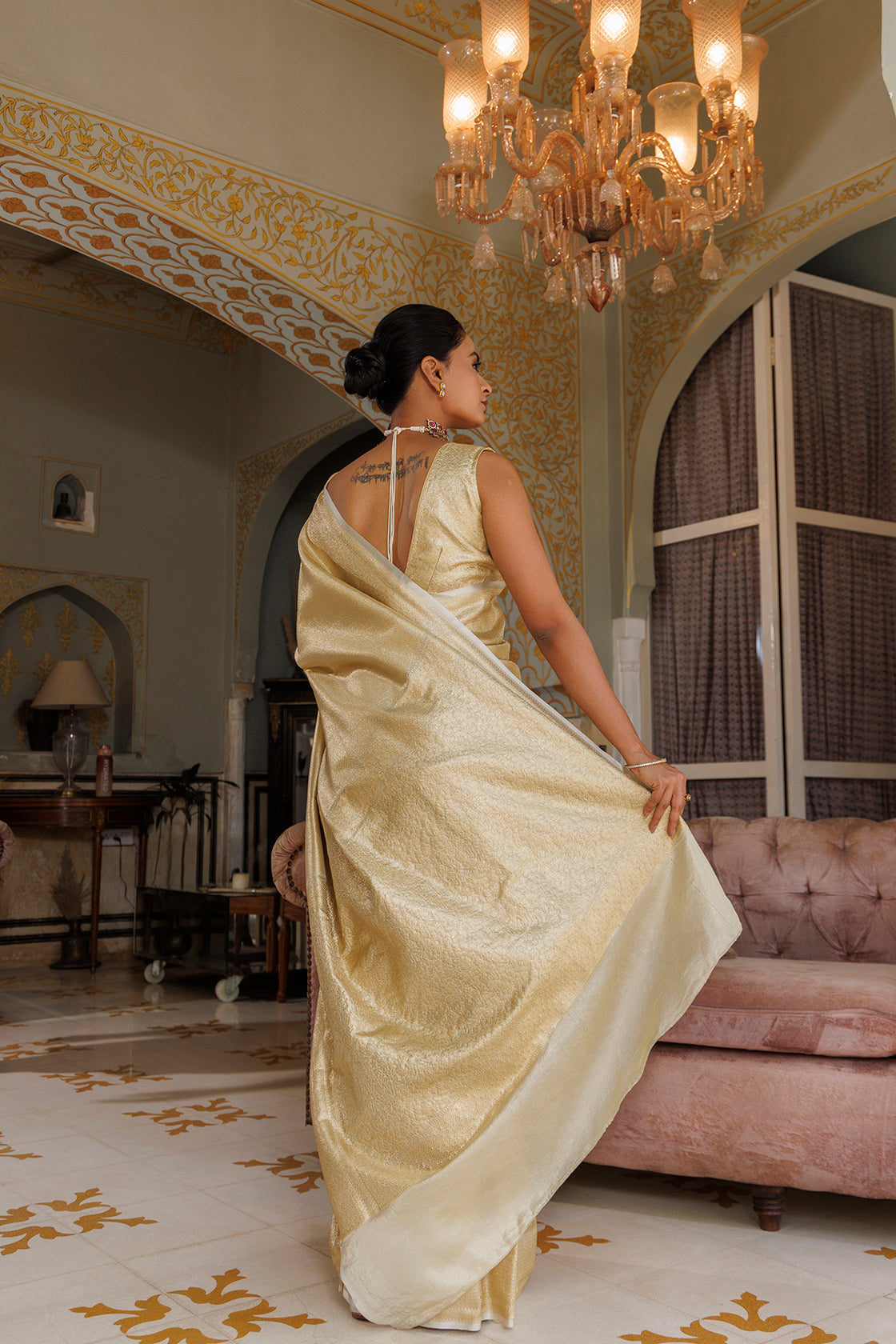 Pure Handwoven Golden Banarasi Silk Saree with Zari