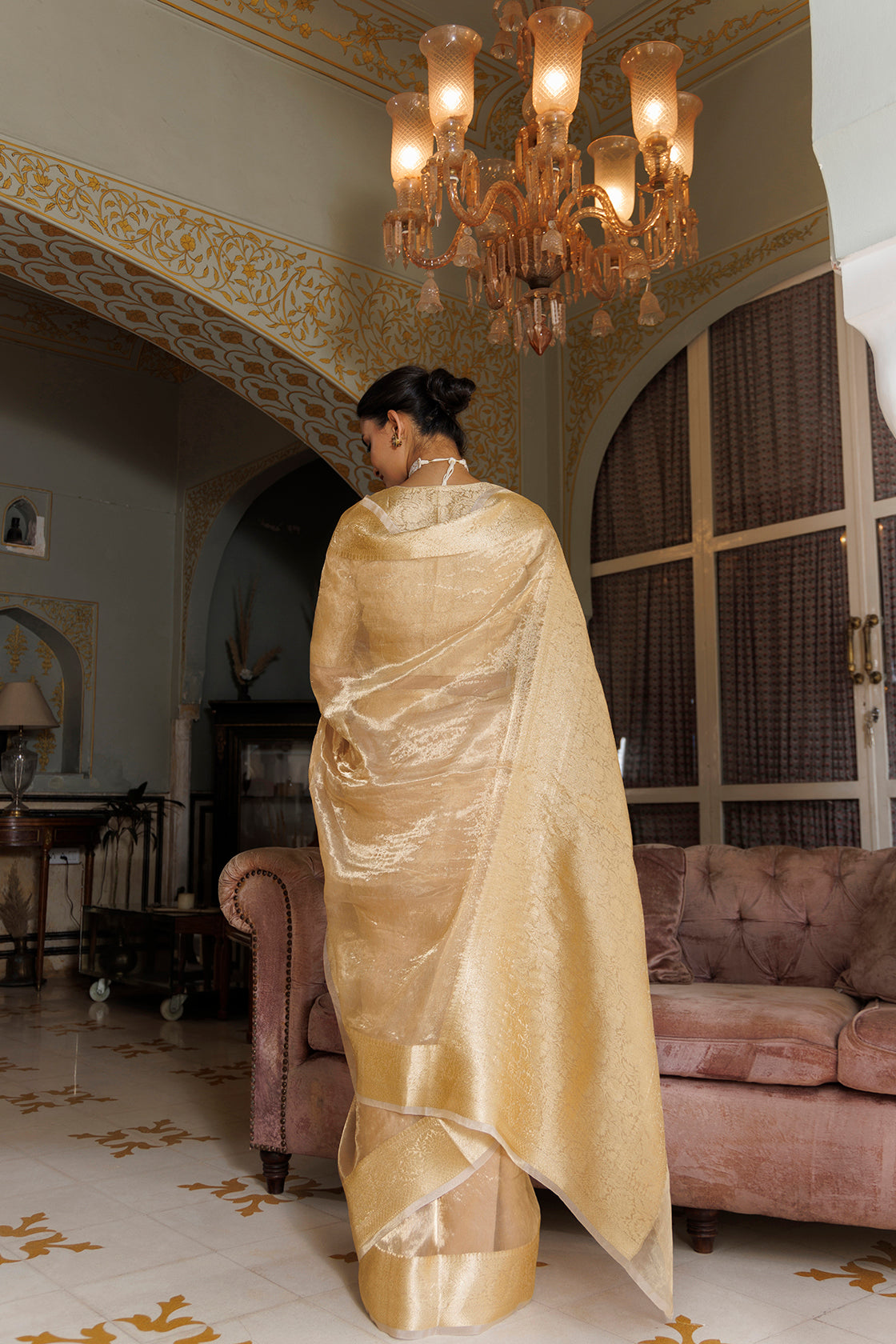 Light Golden Banarasi Handwoven Tissue  Saree With Zari Work