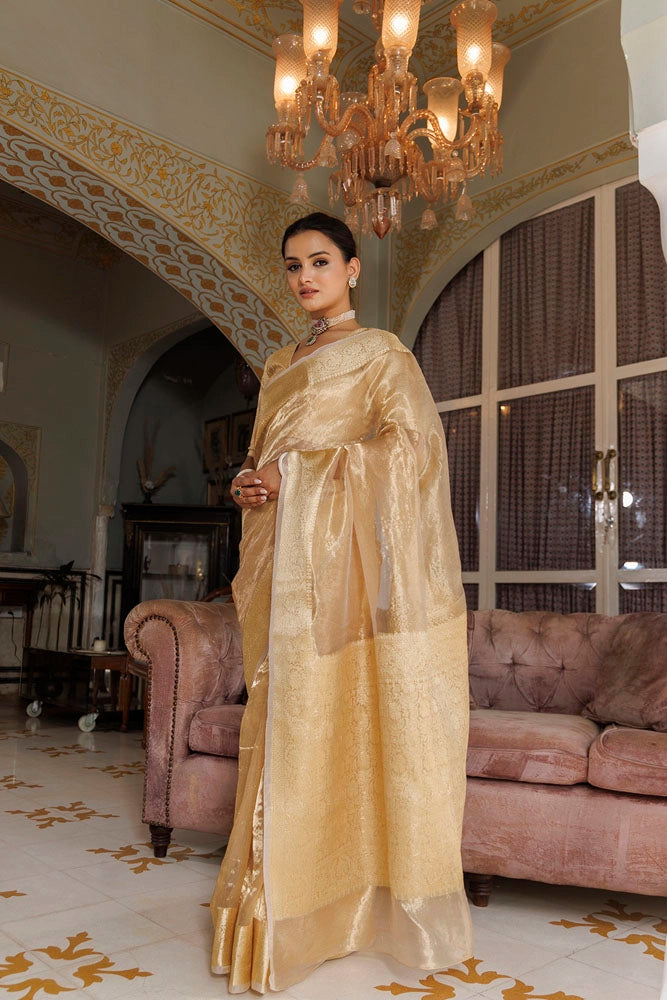 Light Golden Banarasi Handwoven Tissue  Saree With Zari Work