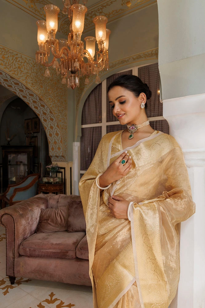 Light Golden Banarasi Handwoven Tissue  Saree With Zari Work