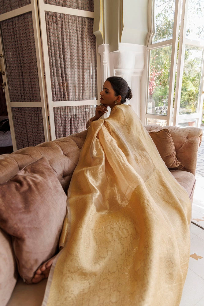 Light Golden Banarasi Handwoven Tissue  Saree With Zari Work