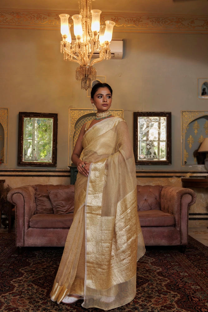 Light Gold Crinkled Banarasi Tissue Saree