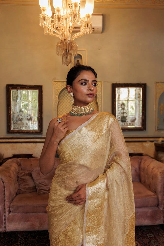 Light Gold Crinkled Banarasi Tissue Saree