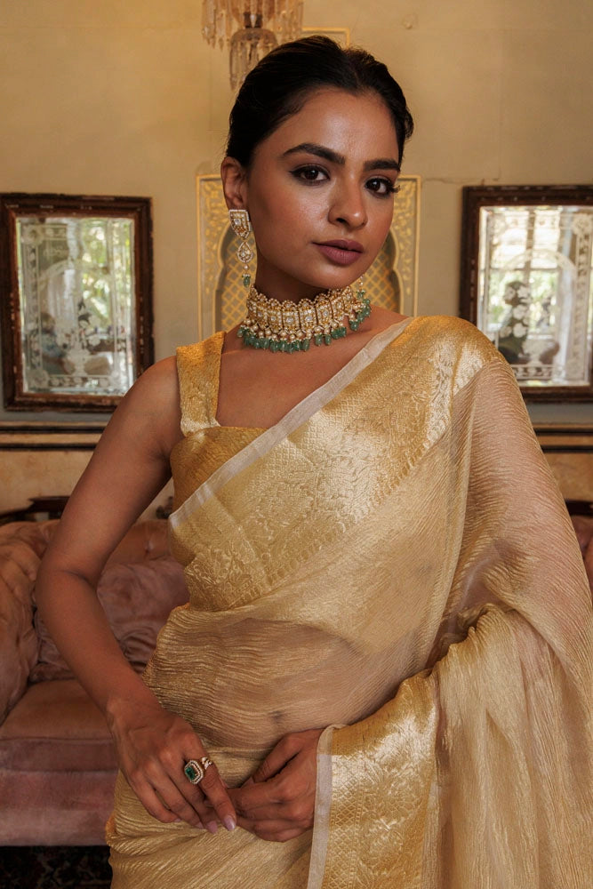 Light Gold Crinkled Banarasi Tissue Saree