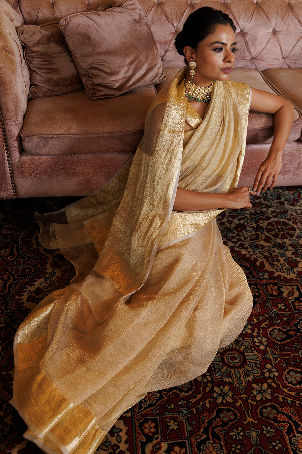 Light Gold Crinkled Banarasi Tissue Saree