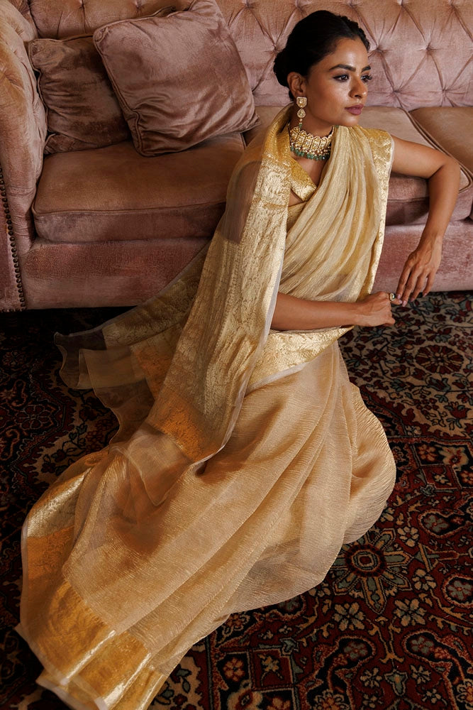 Light Gold Crinkled Banarasi Tissue Saree