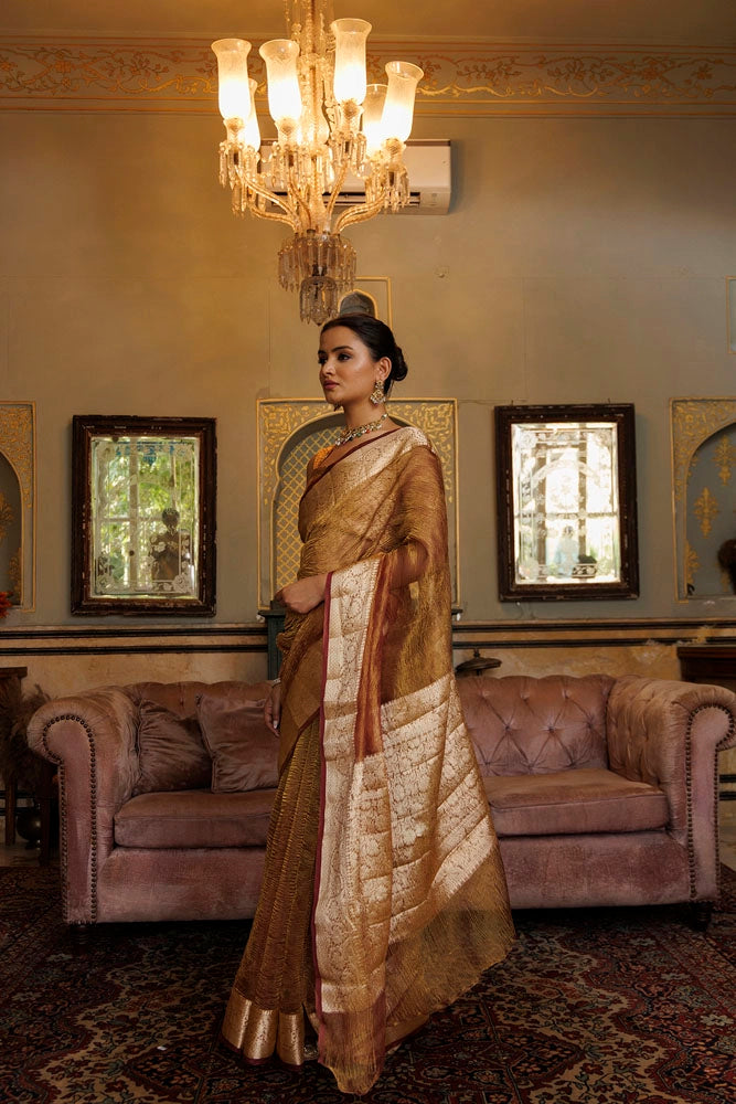 Copper Crinkled Banarasi Tissue Saree