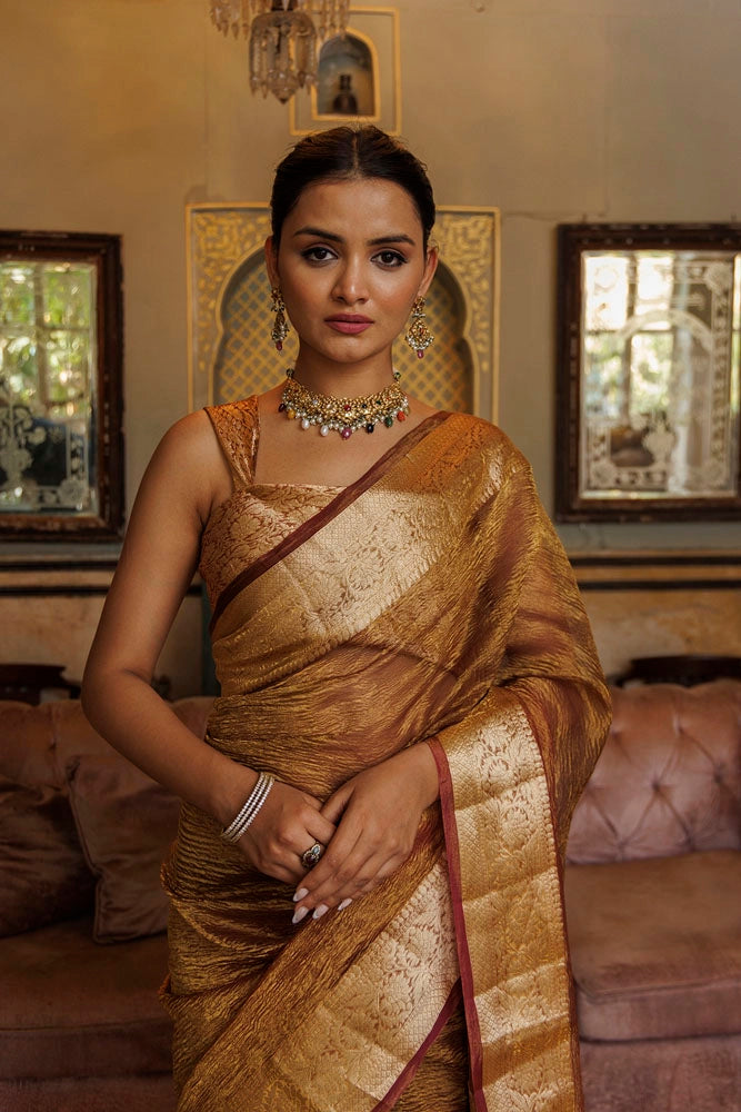 Copper Crinkled Banarasi Tissue Saree