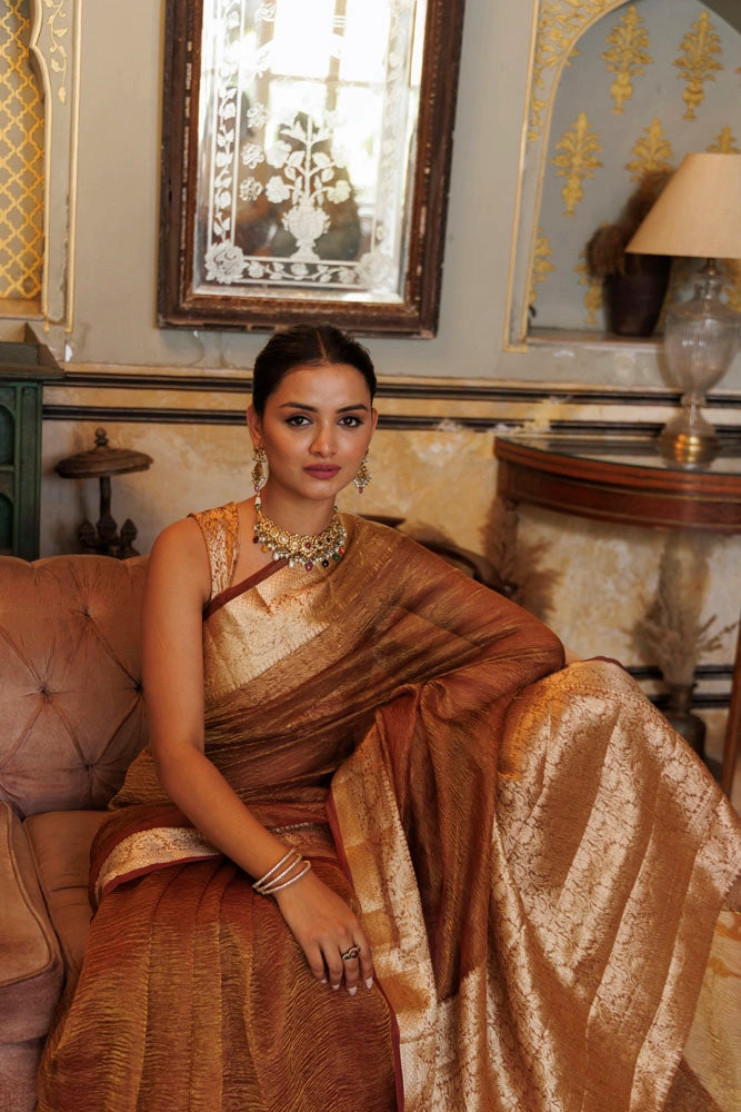 Copper Crinkled Banarasi Tissue Saree