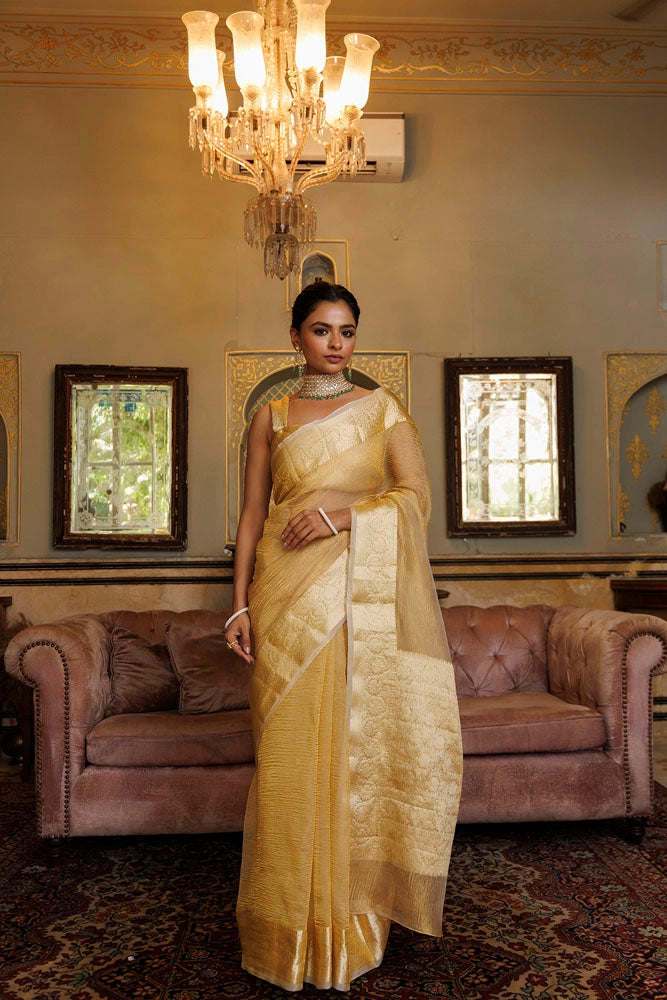 Dark Gold Crinkle Banarasi Tissue Saree