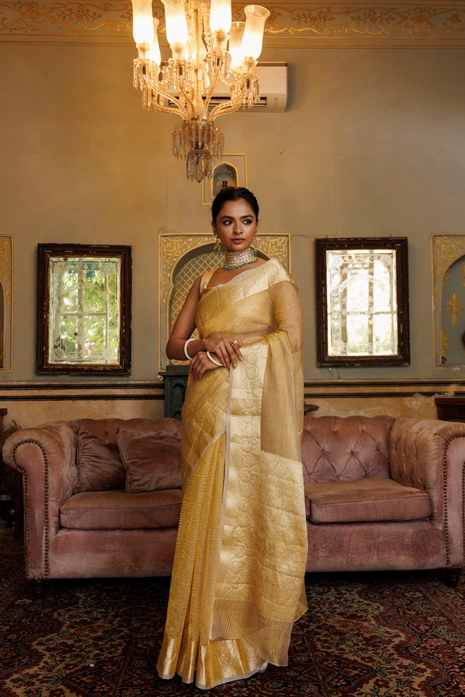 Dark Gold Crinkle Banarasi Tissue Saree