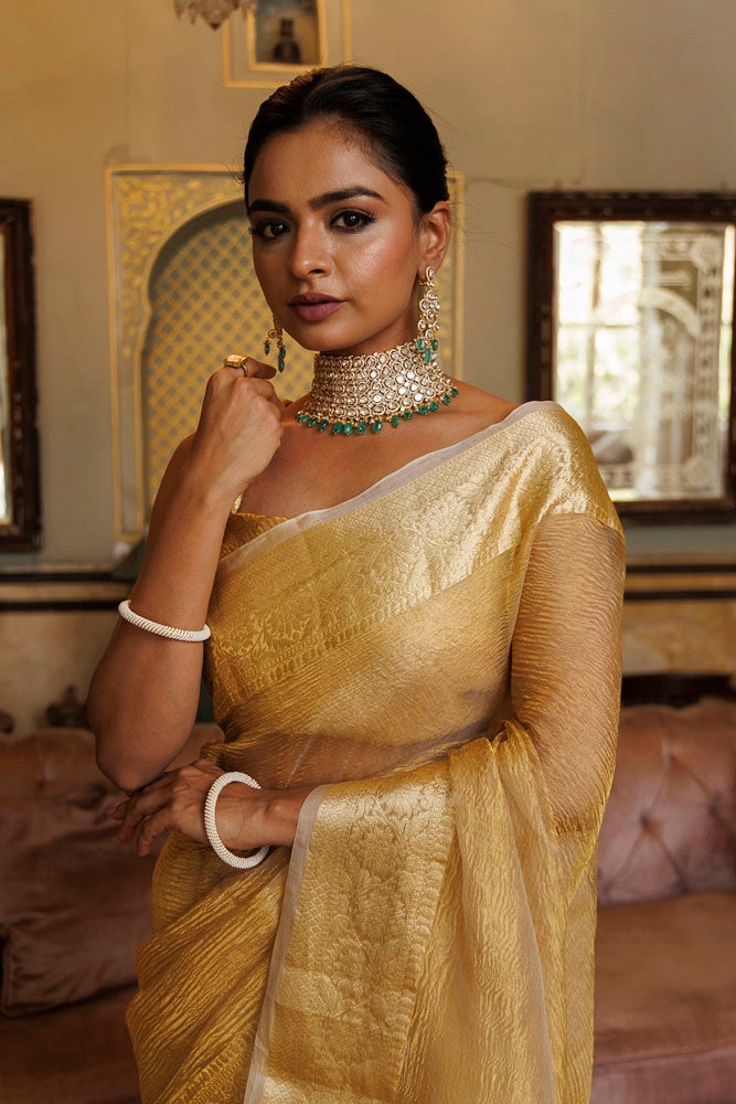 Dark Gold Crinkle Banarasi Tissue Saree