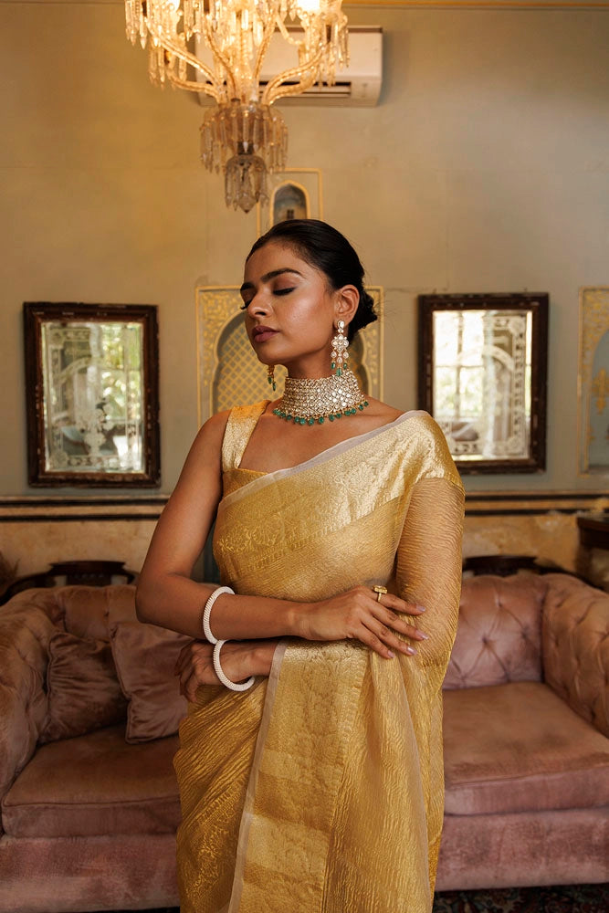 Dark Gold Crinkle Banarasi Tissue Saree