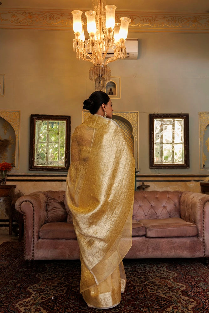 Dark Gold Crinkle Banarasi Tissue Saree