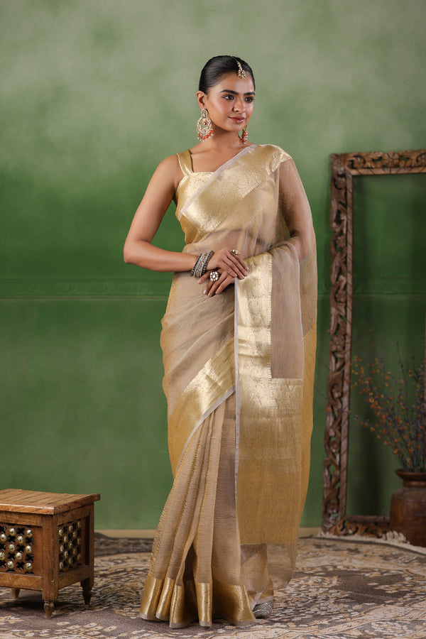 Beige Tissue Saree with Zari Border