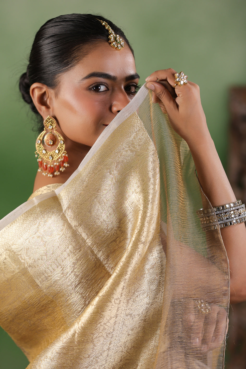 Beige Tissue Saree With Zari Border