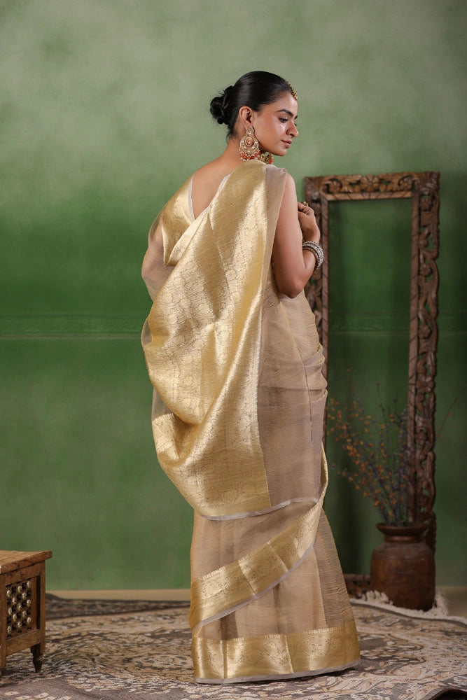 Beige Tissue Saree with Zari Border