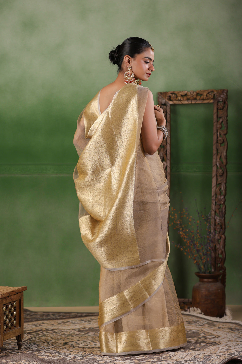 Beige Tissue Saree With Zari Border