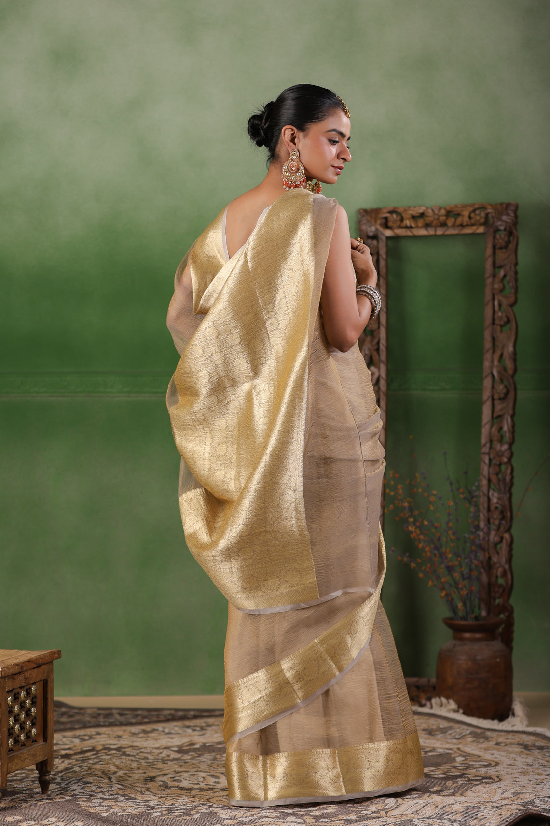 Beige Tissue Saree With Zari Border