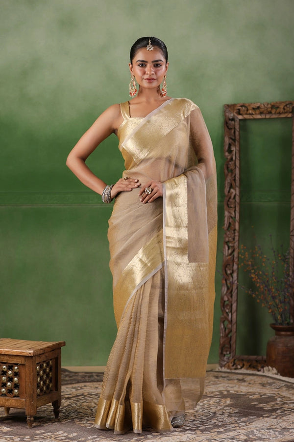 Beige Tissue Saree with Zari Border