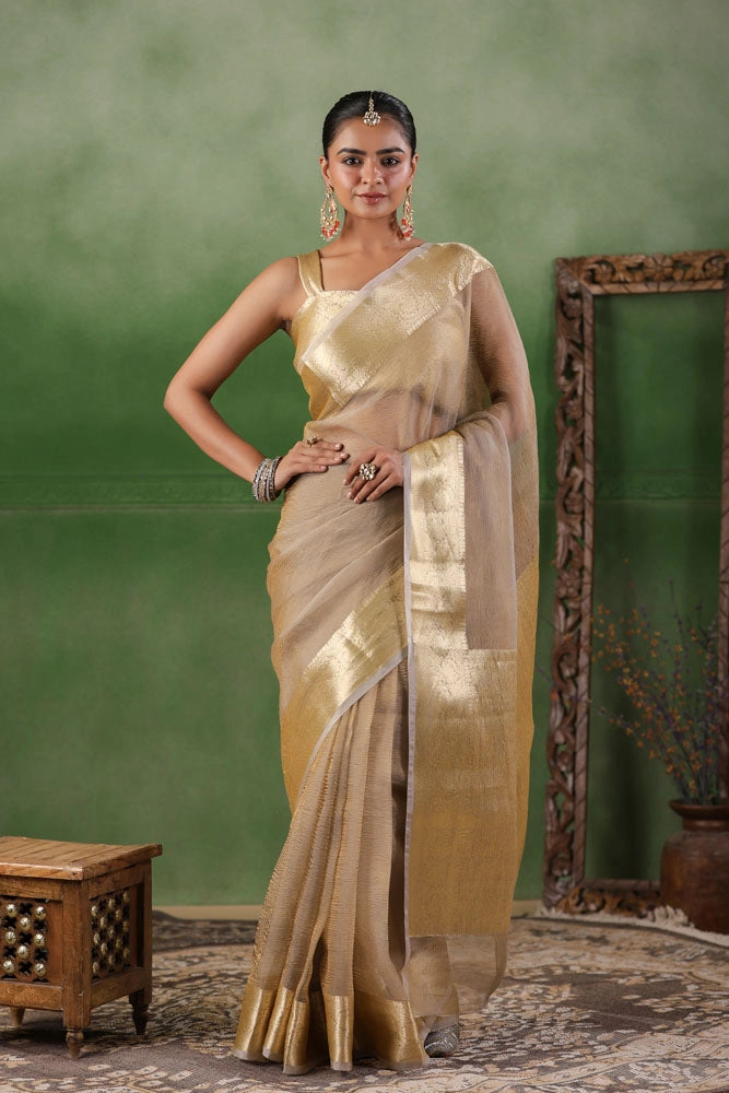 Beige Tissue Saree with Zari Border