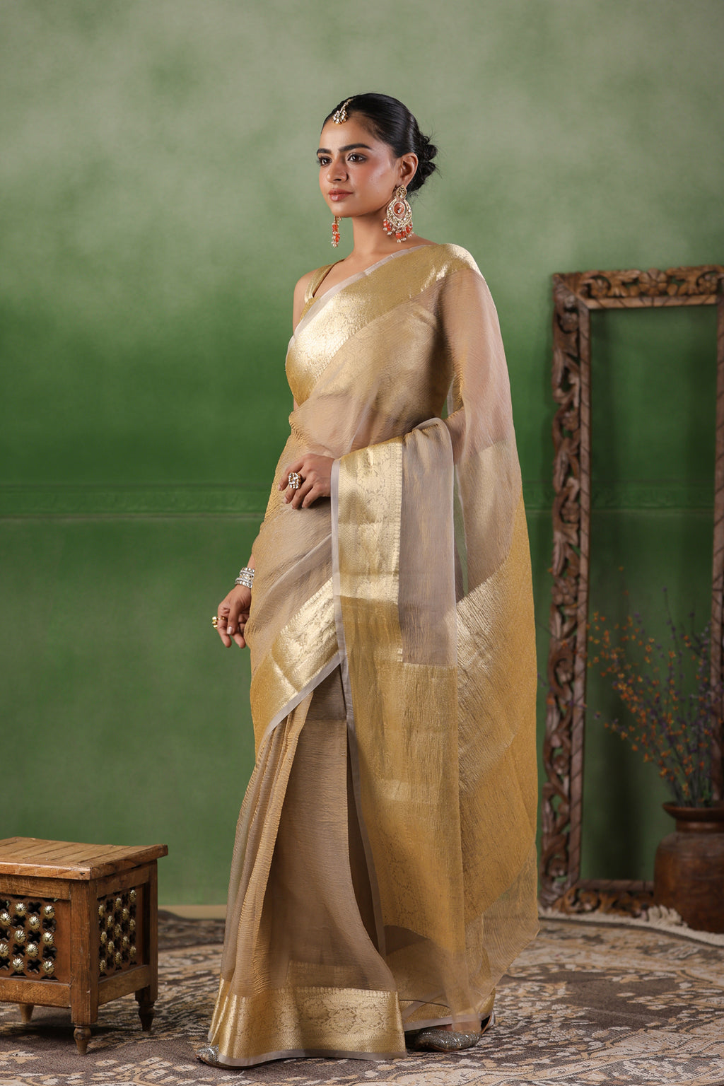 Beige Tissue Saree With Zari Border
