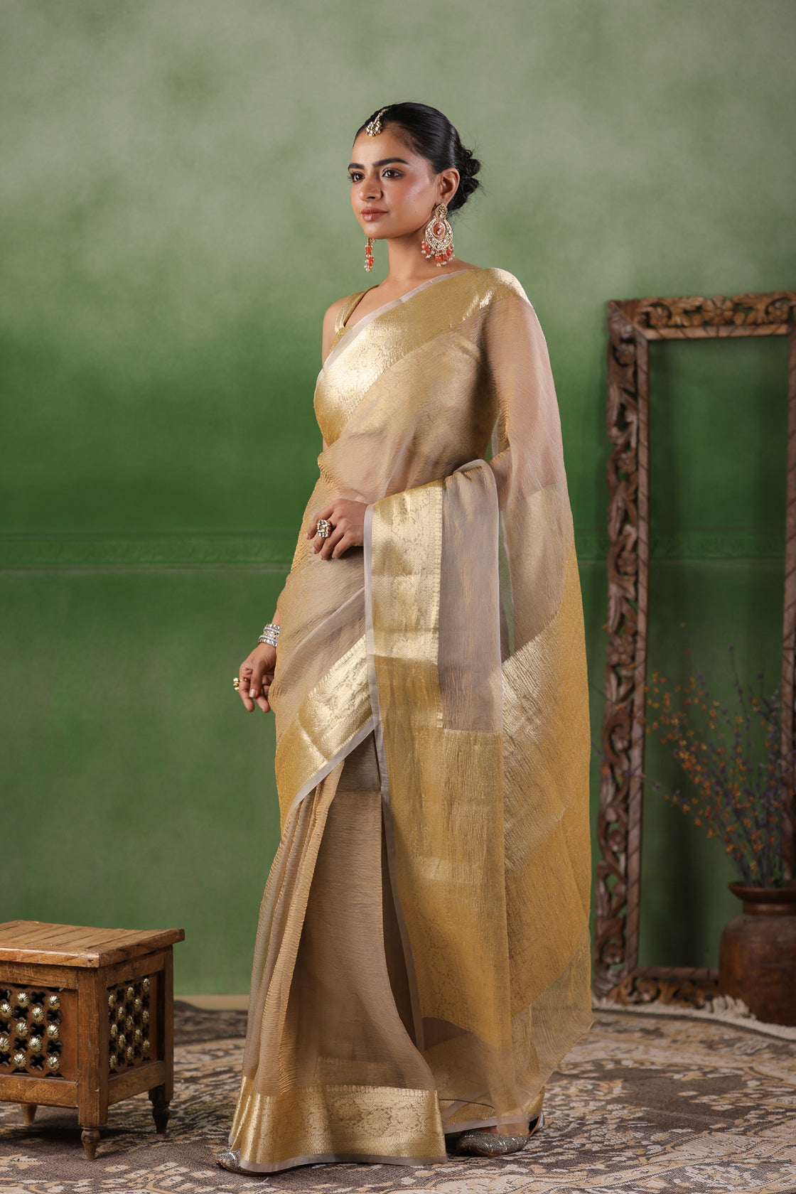 Beige Tissue Saree With Zari Border