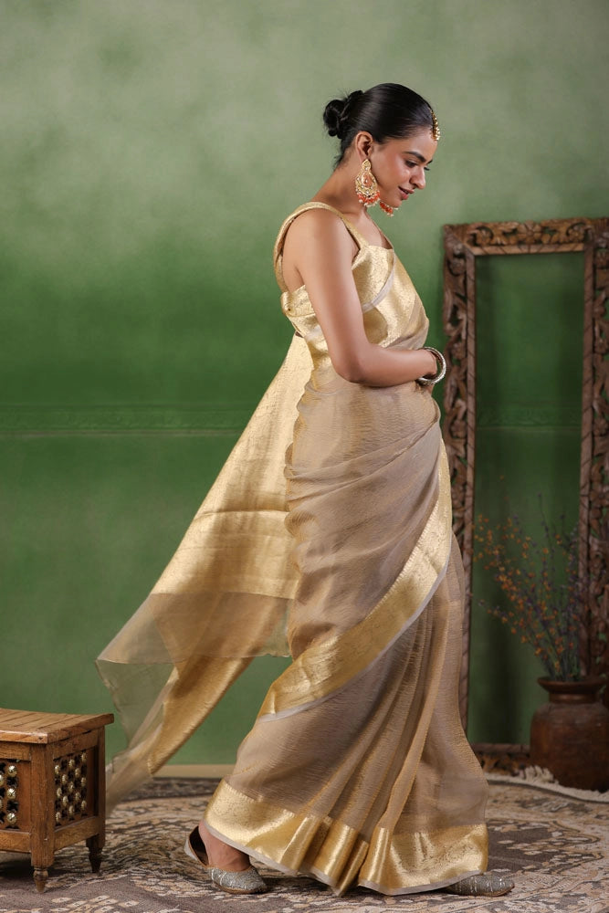 Beige Tissue Saree with Zari Border