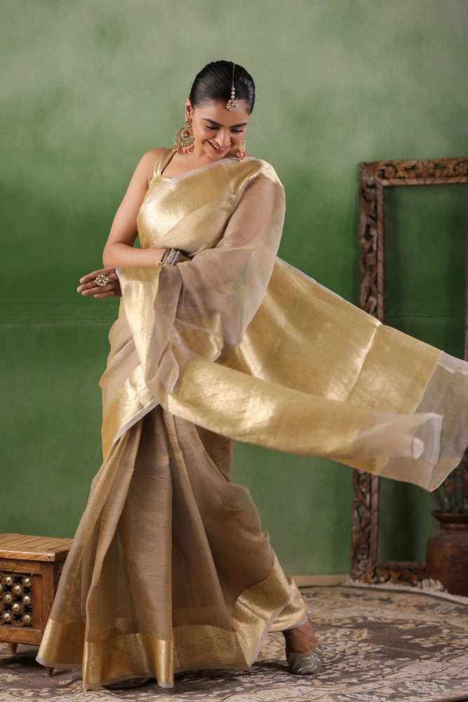 Beige Tissue Saree with Zari Border