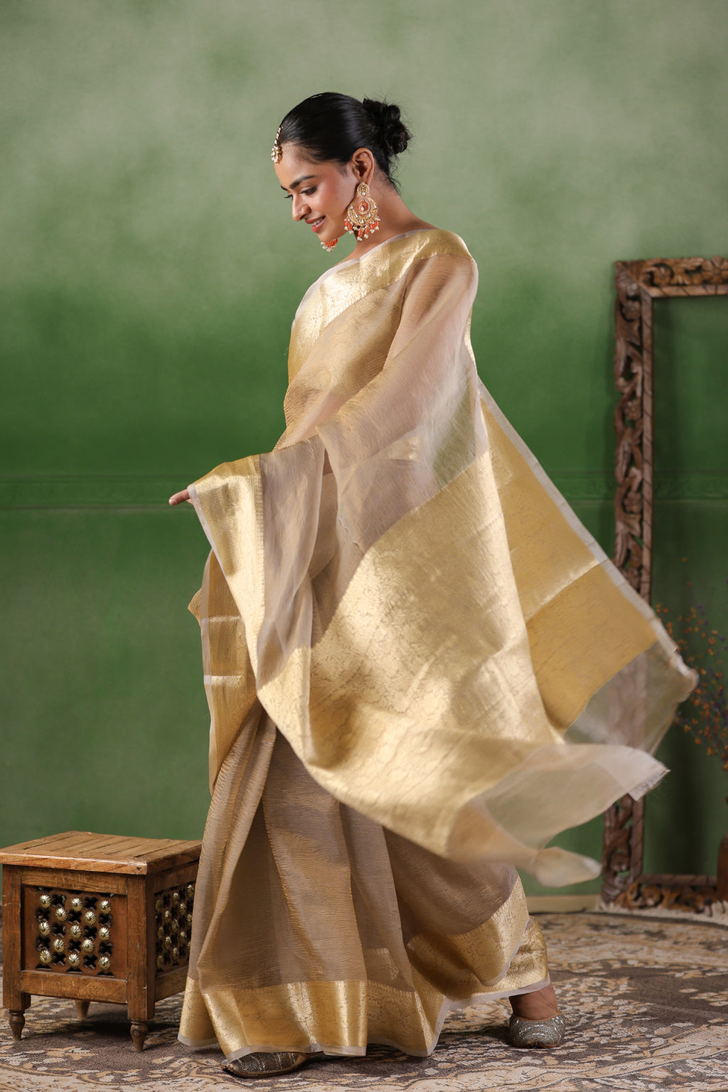 Beige Tissue Saree With Zari Border