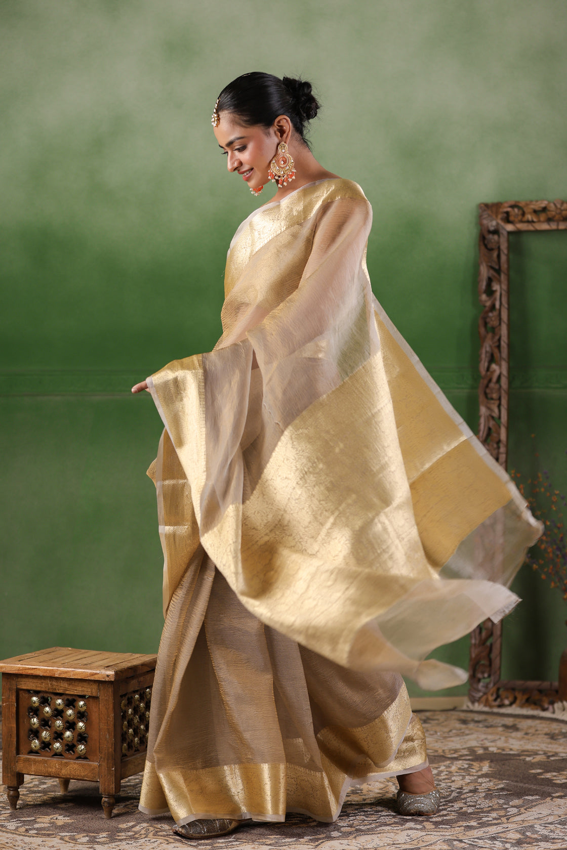 Beige Tissue Saree With Zari Border