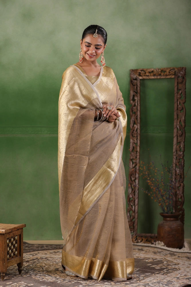 Beige Tissue Saree with Zari Border