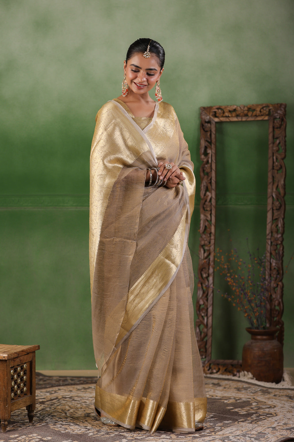 Beige Tissue Saree With Zari Border