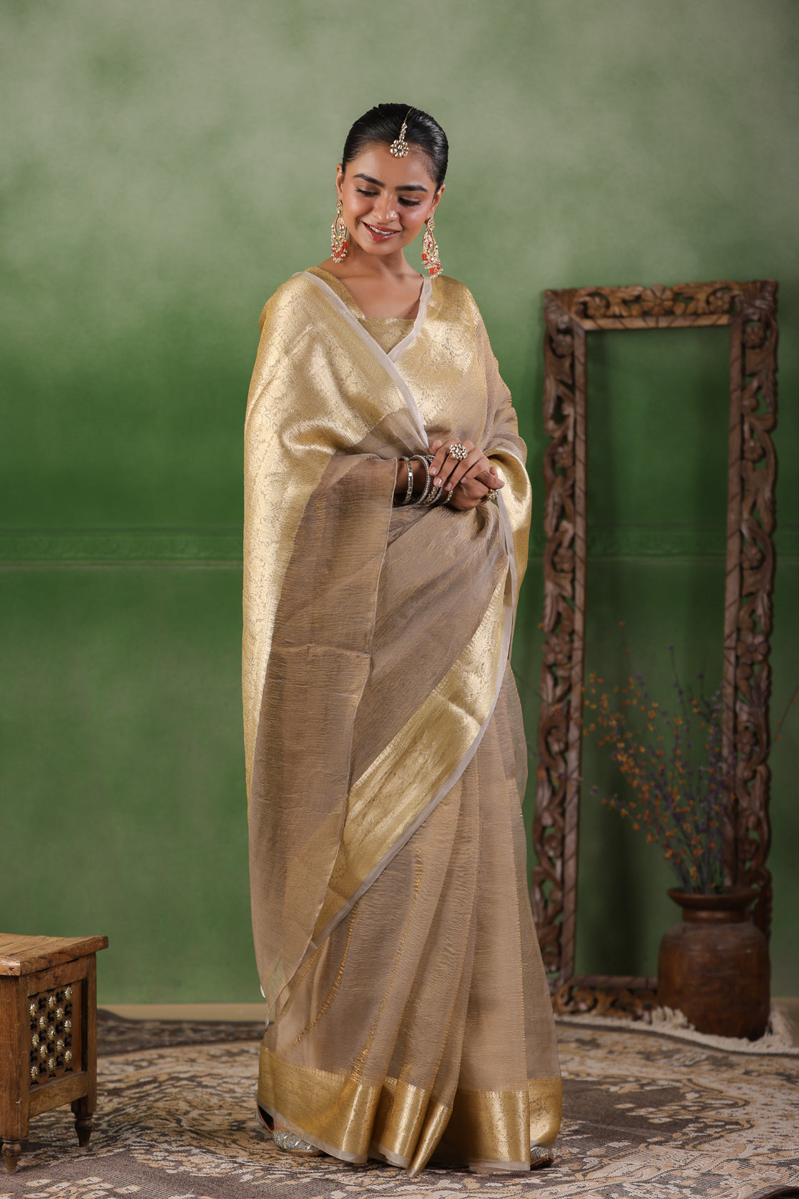 Beige Tissue Saree With Zari Border