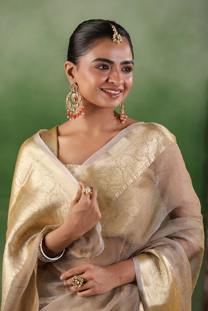 Beige Tissue Saree with Zari Border
