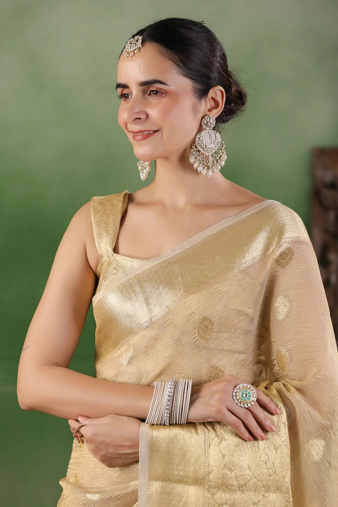Beige Floral Tissue Saree