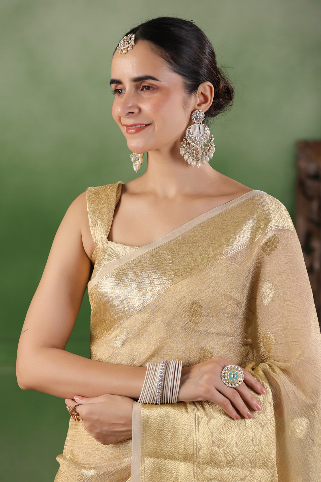 Beige Floral Tissue Saree