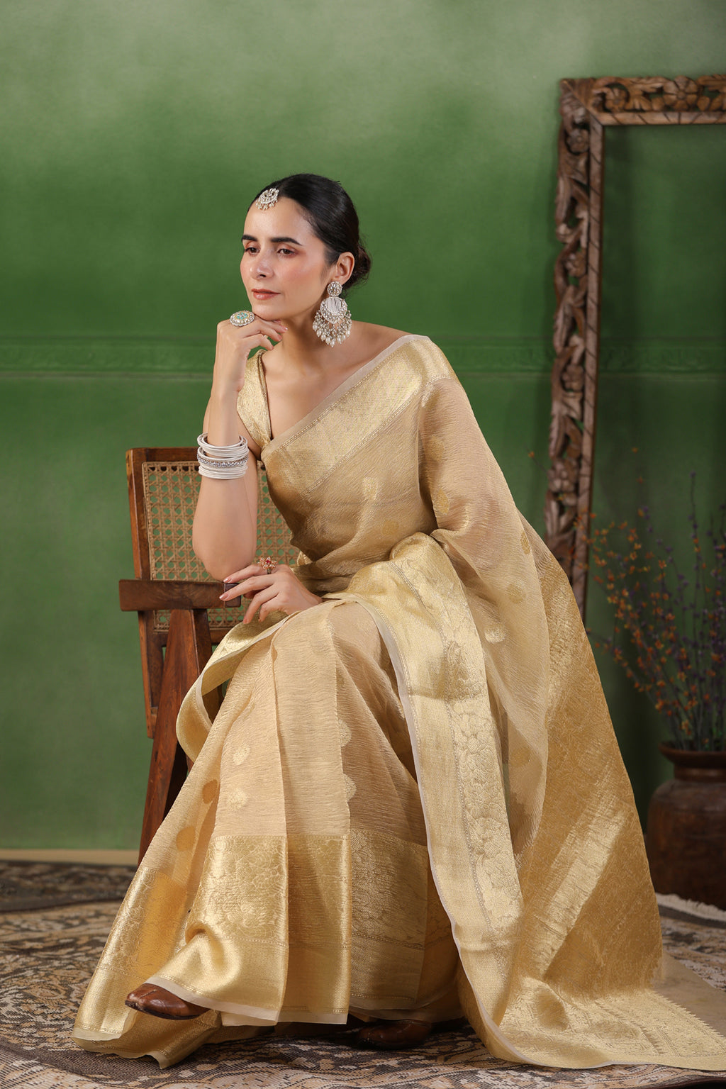 Beige Floral Tissue Saree