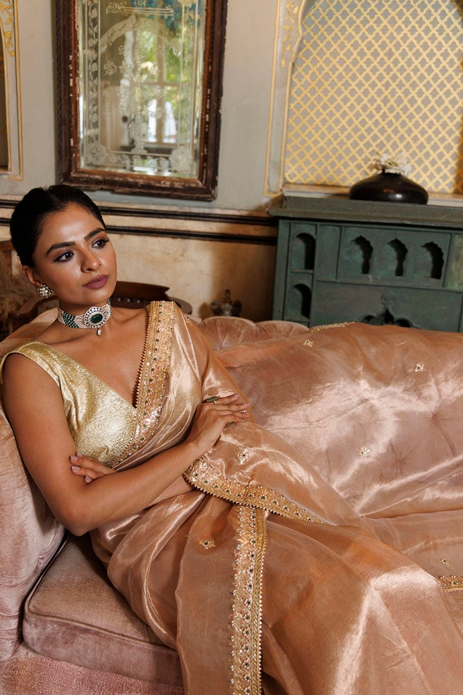 Pastel Pink Pure Banarasi Tissue Handcrafted Gota Patti Saree