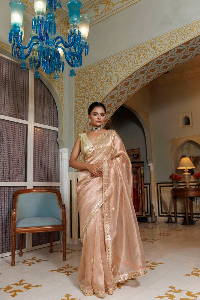 Pastel Pink Pure Banarasi Tissue Handcrafted Gota Patti Saree