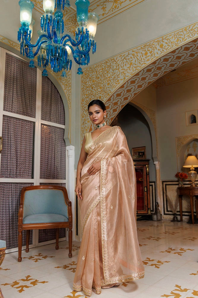 Pastel Pink Pure Banarasi Tissue Handcrafted Gota Patti Saree