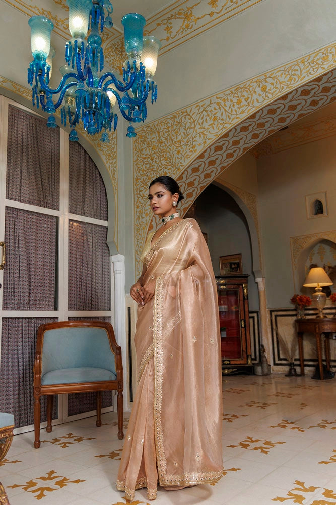 Pastel Pink Pure Banarasi Tissue Handcrafted Gota Patti Saree