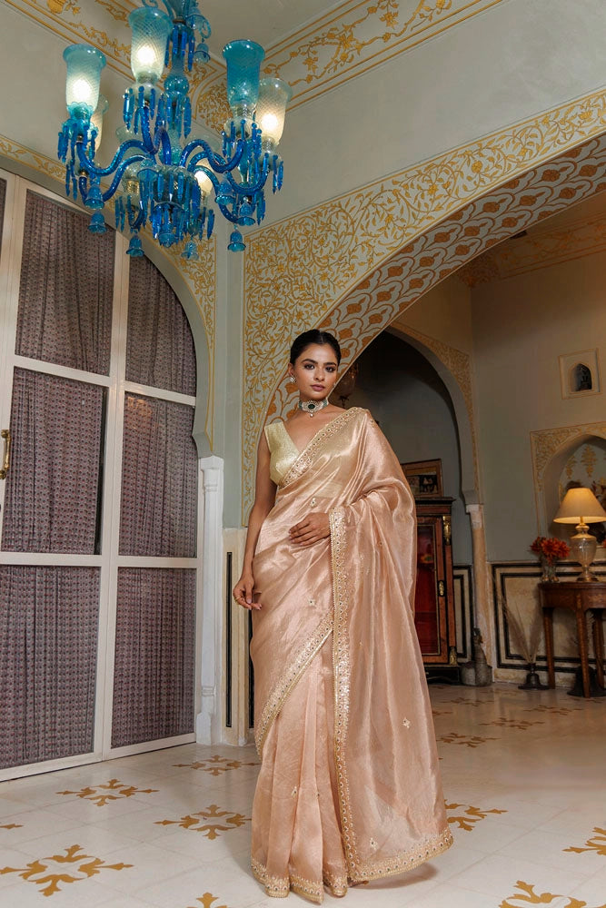 Pastel Pink Pure Banarasi Tissue Handcrafted Gota Patti Saree