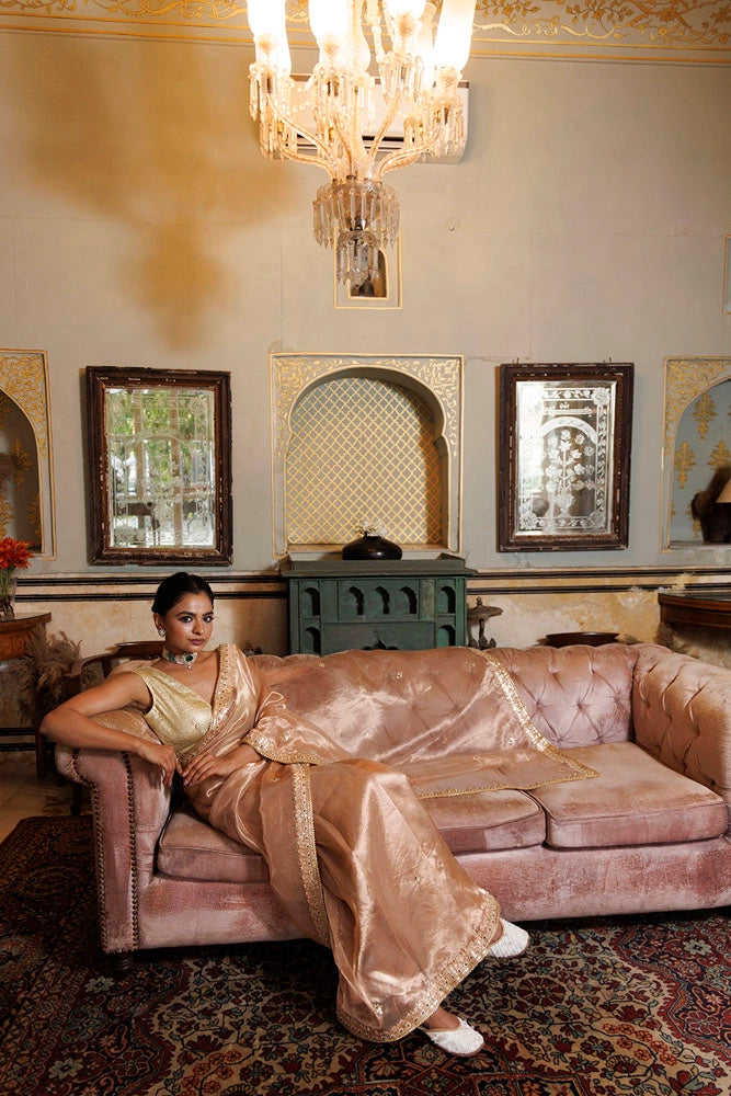Pastel Pink Pure Banarasi Tissue Handcrafted Gota Patti Saree