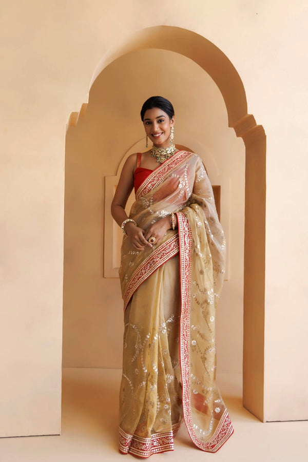 Beige Pure Kota Tissue Handcrafted Gota Patti Saree