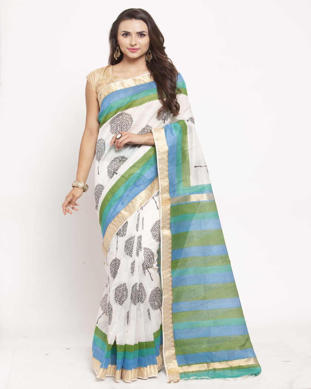 Off White Hand Block Printed Bagru Cotton Sustainable Saree