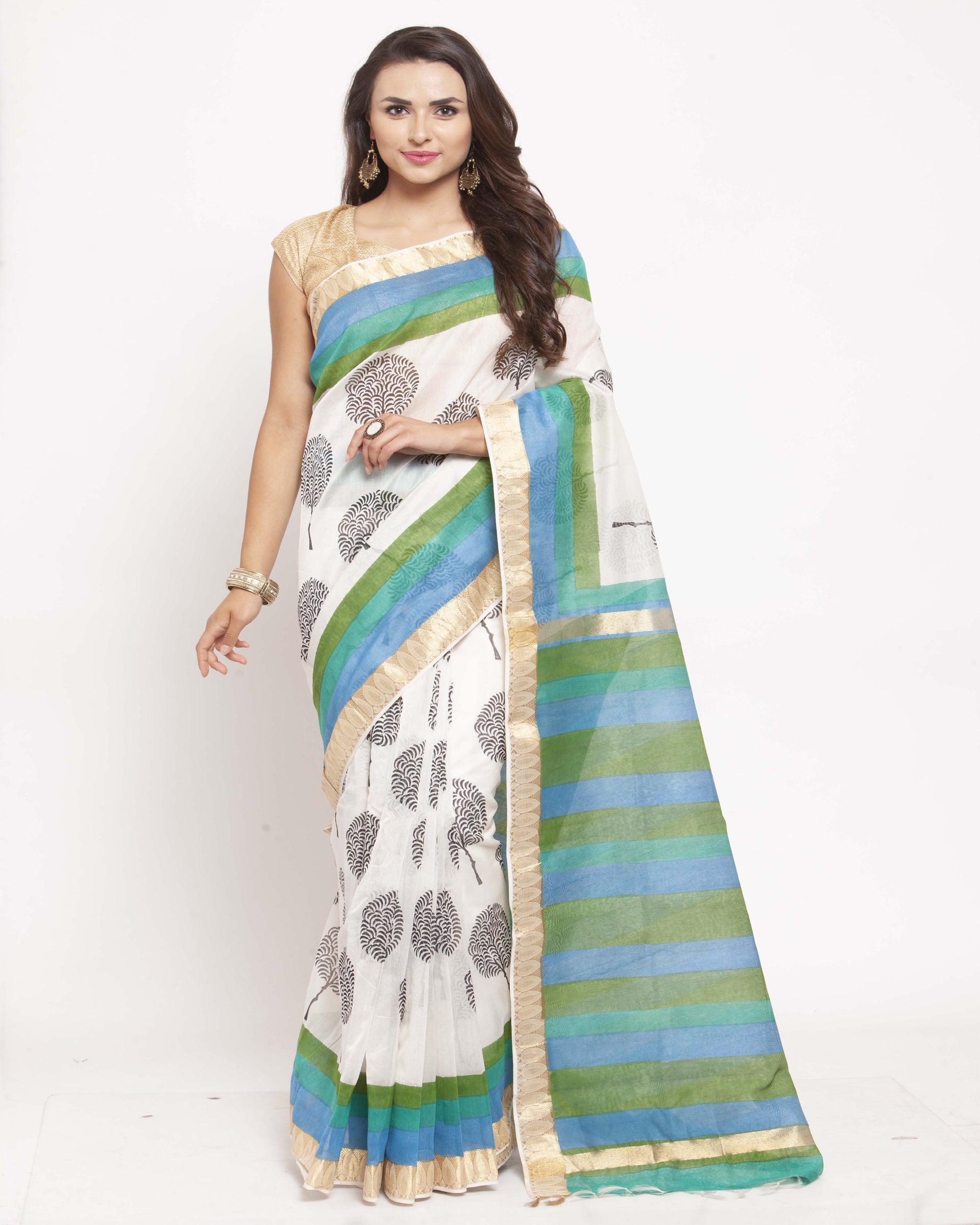 Off White Hand Block Printed Bagru Cotton Sustainable Saree