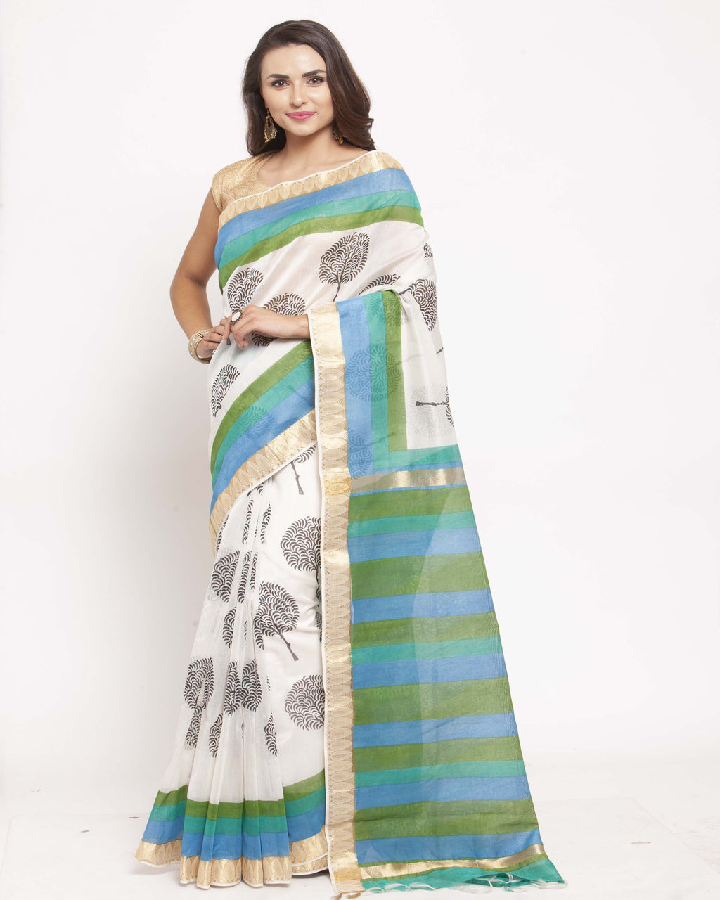Off White Hand Block Printed Bagru Cotton Sustainable Saree