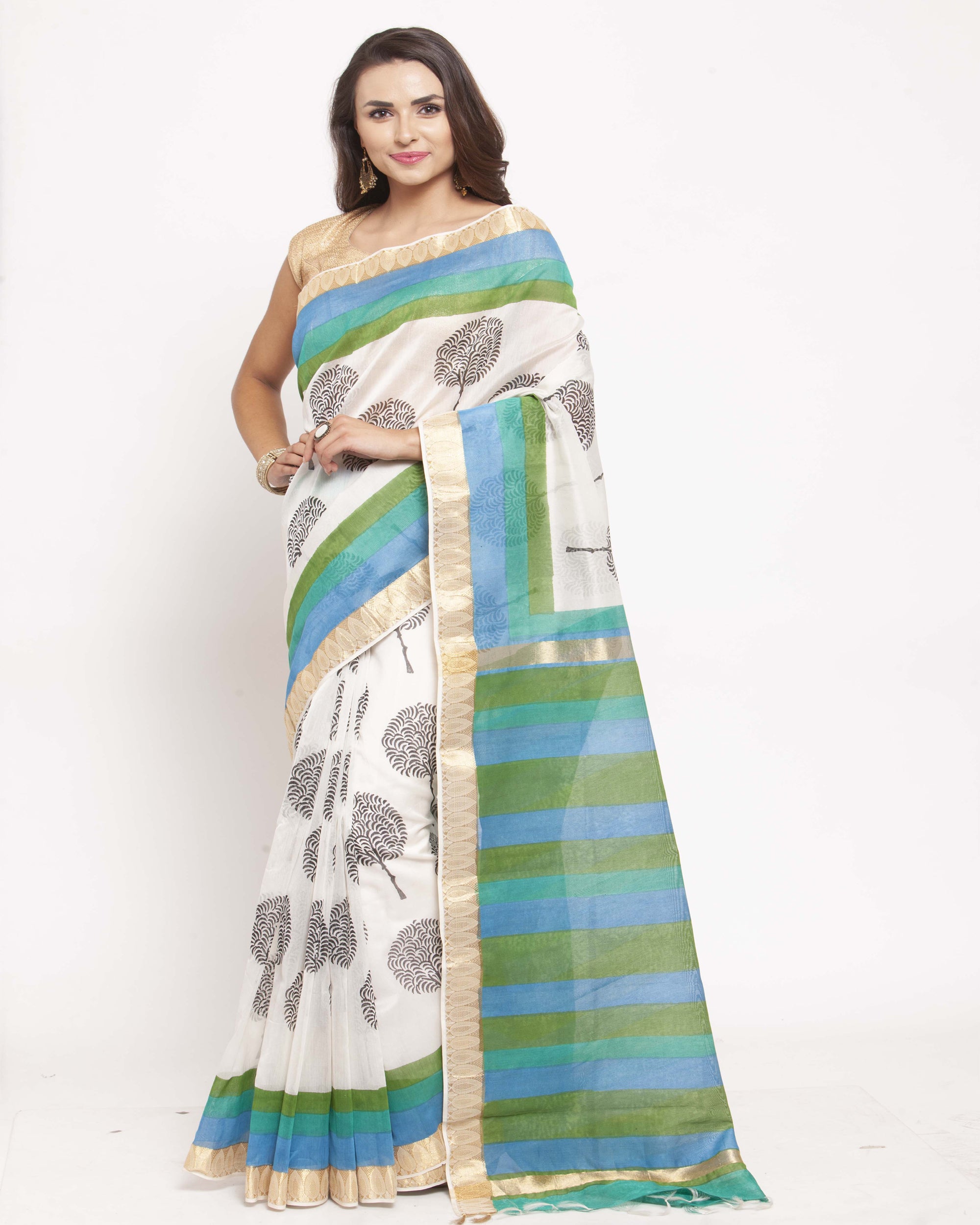 Off White Hand Block Printed Bagru Cotton Sustainable Saree